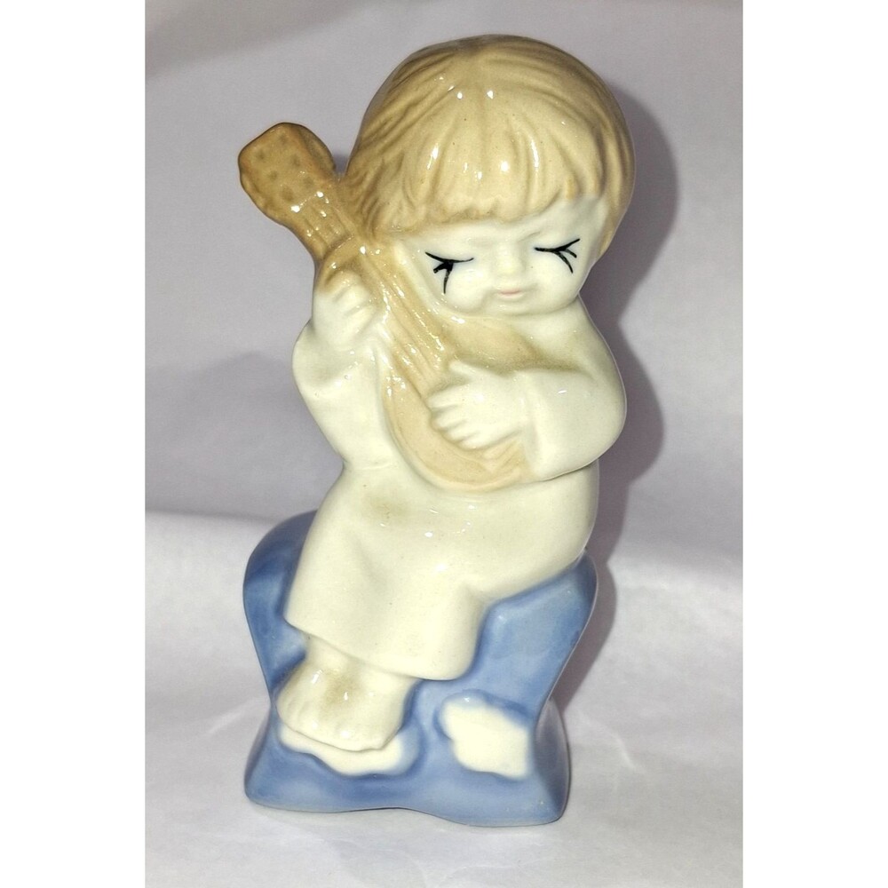 Vintage Japan Porcelain Child Figure On A Blue Star With Guitar Mandolin